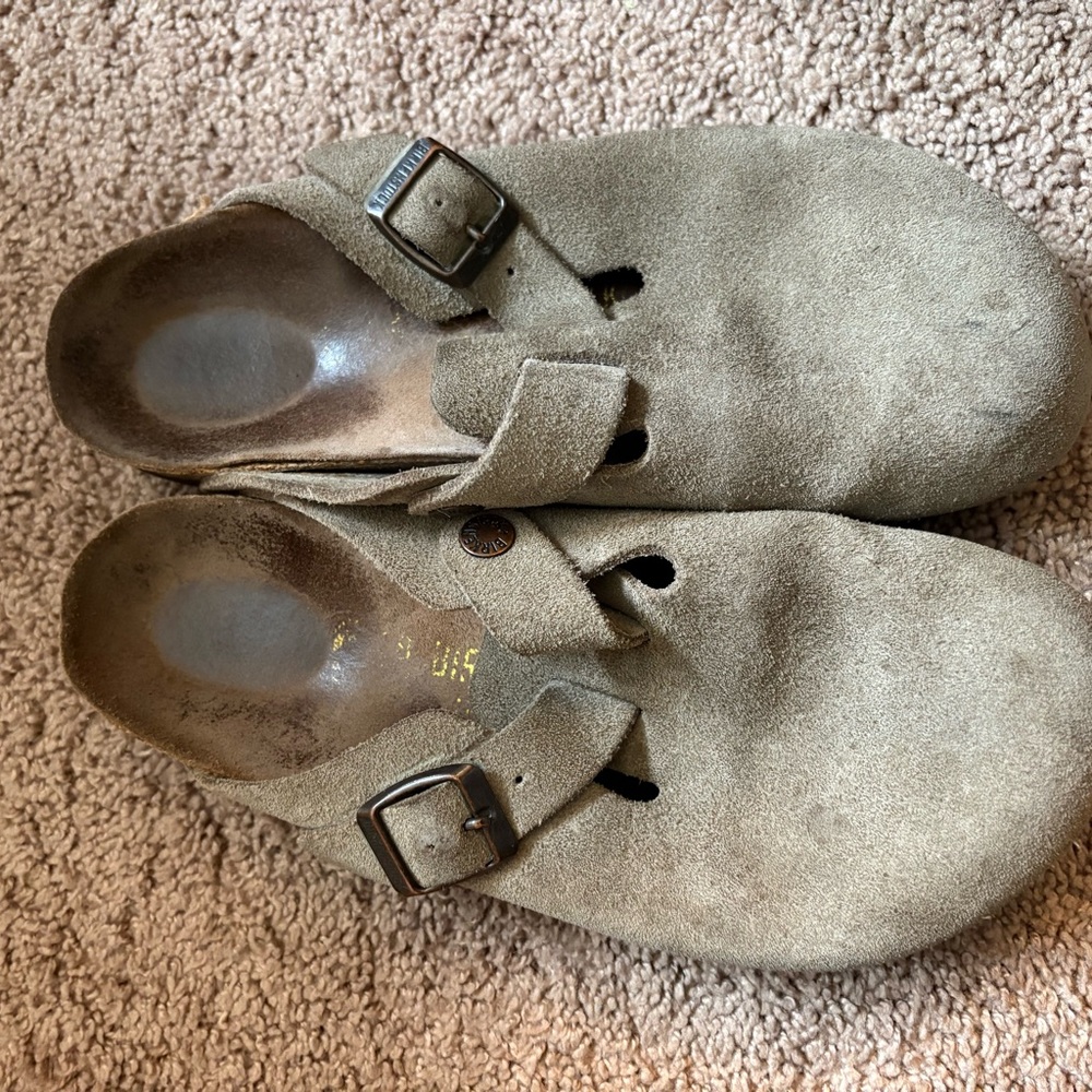 Birkenstock Taupe Suede Mules with Buckles
